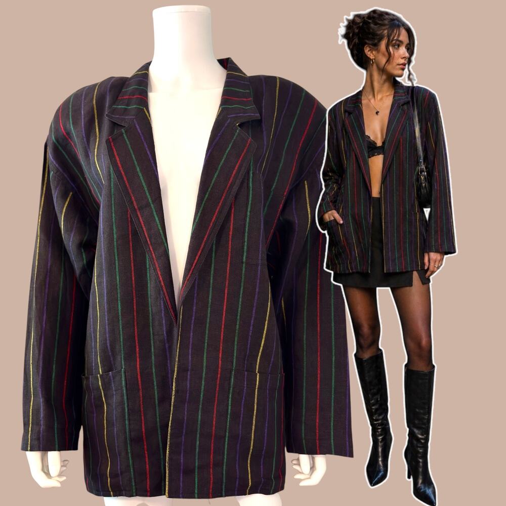 Vtg Liz Claiborne Rainbow Striped Black Blazer Linen Size 10 Artsy Academia